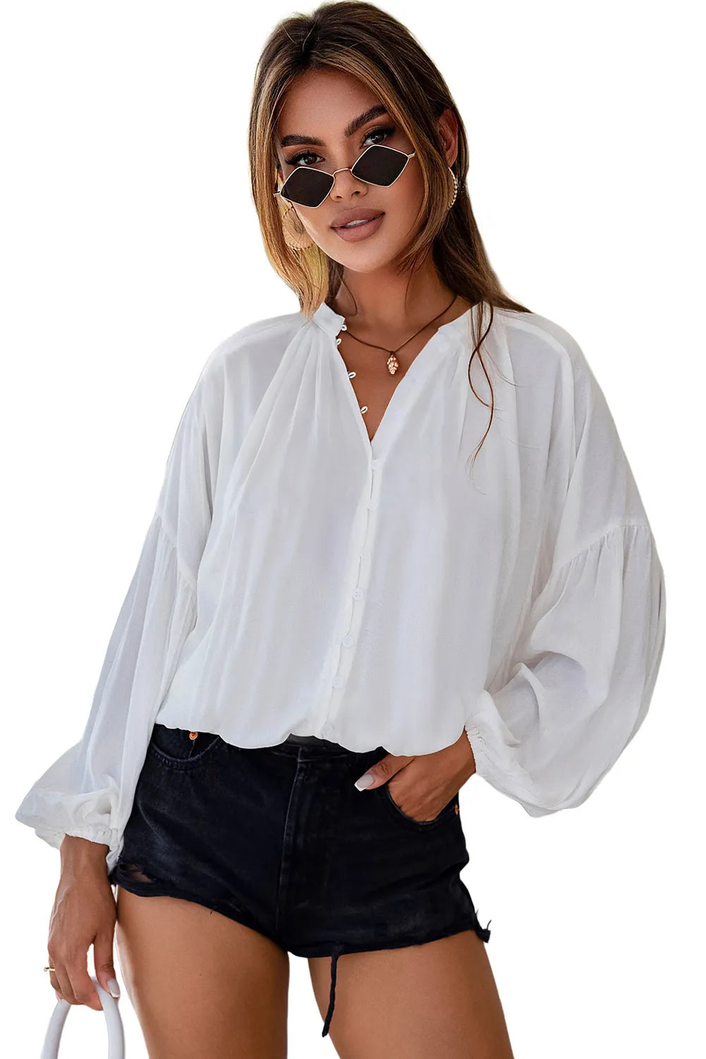 White Solid Color V Neck Balloon Sleeve Shirt - Chic Meadow Boutique 