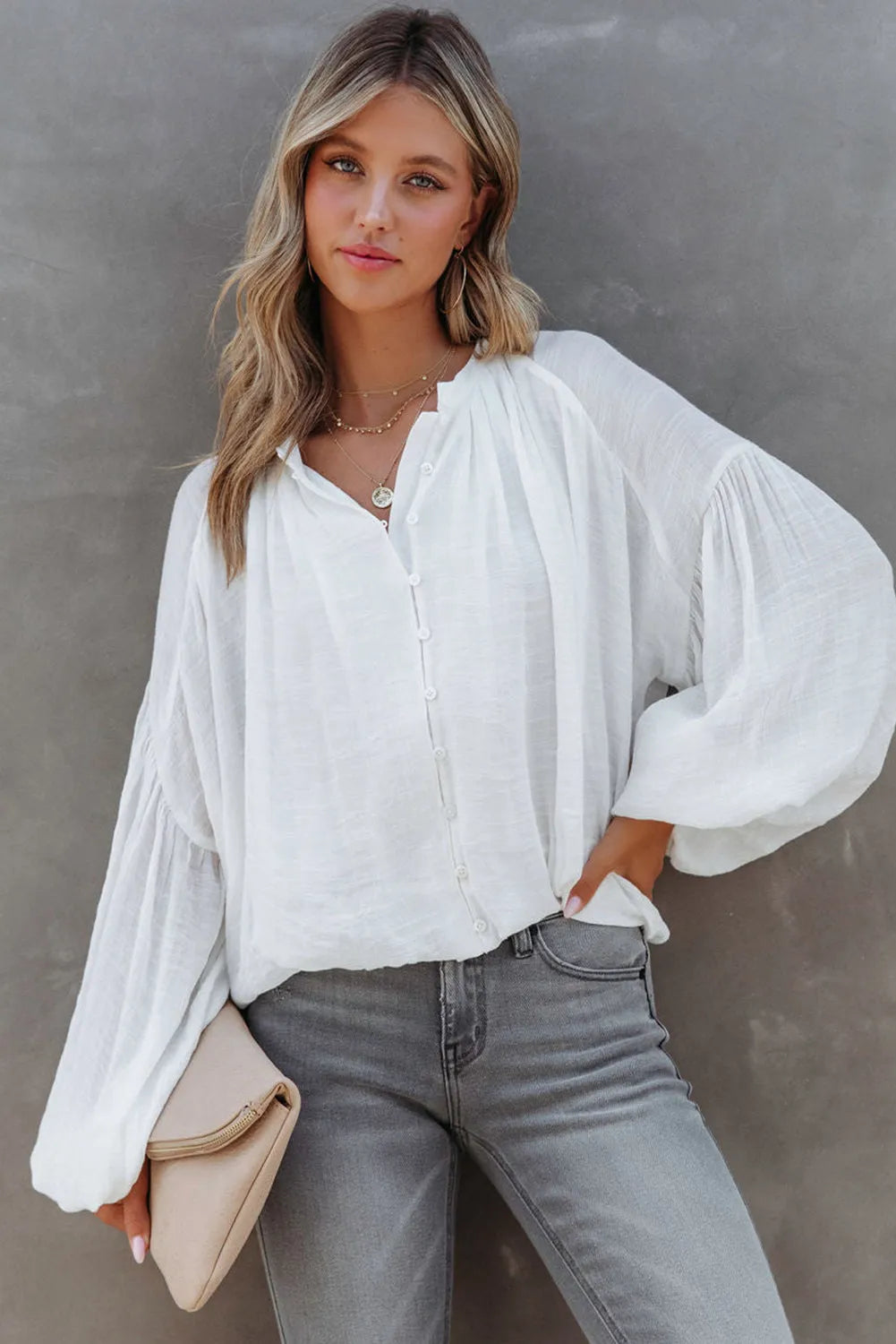 White Solid Color V Neck Balloon Sleeve Shirt - Chic Meadow Boutique 