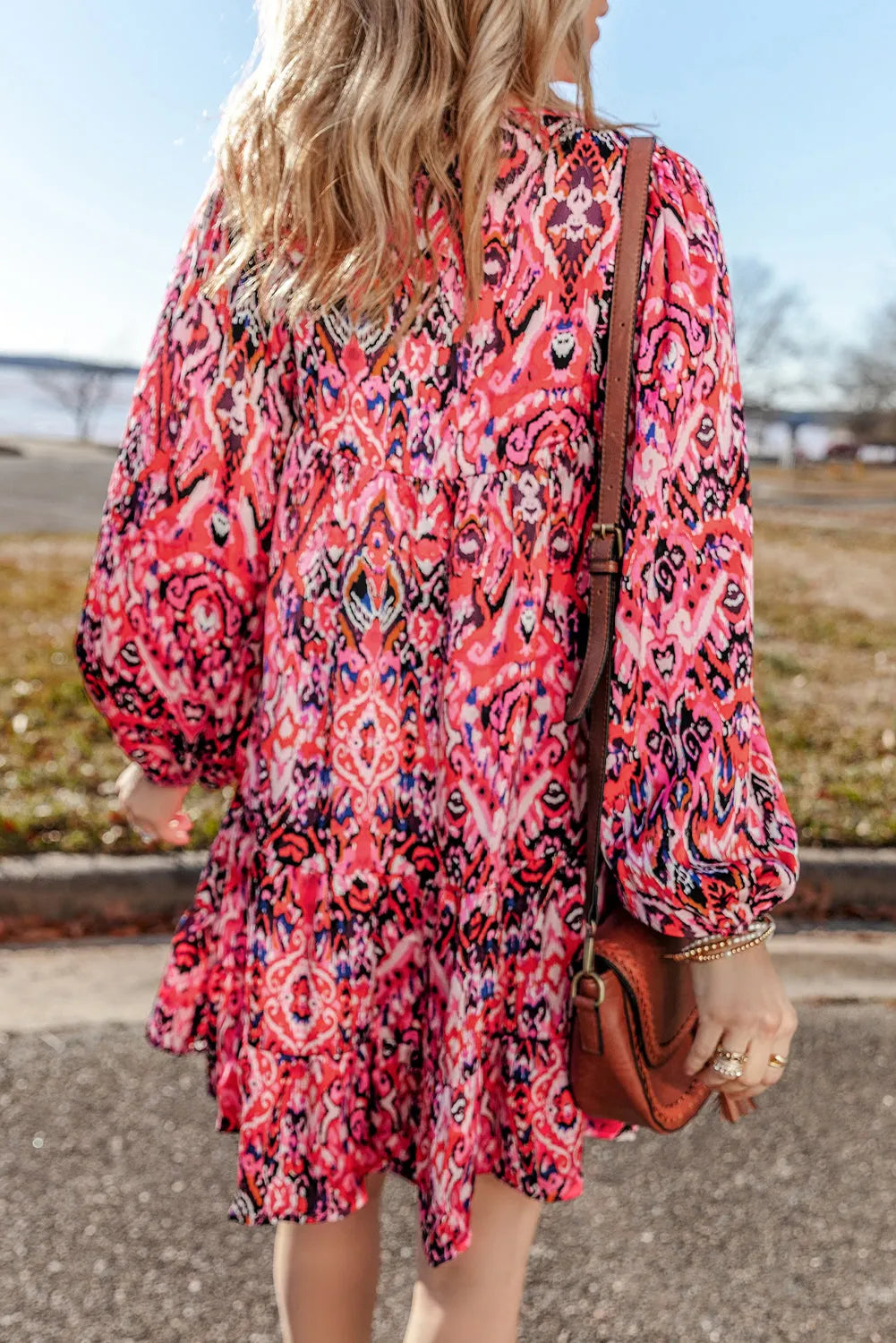 Rose Abstract Printed Tassel Tied Neck Long Sleeve Ruffled Mini Dress - Chic Meadow Boutique 