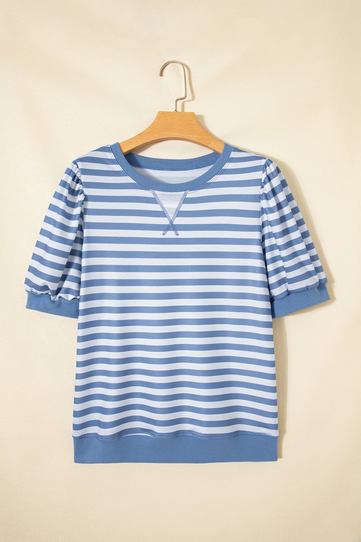 Sky Blue Stripe Short Bubble Sleeve T Shirt