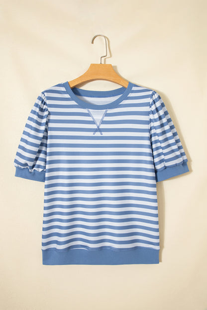 Sky Blue Stripe Short Bubble Sleeve T Shirt