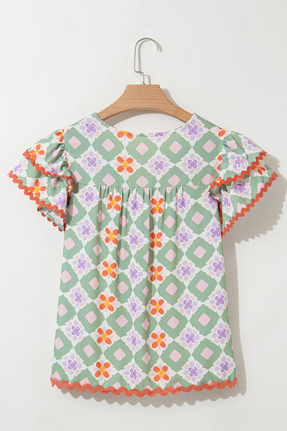 Green Geometric Floral Print Layered Flutter Sleeve V Neck Ric Rac Trim Blouse