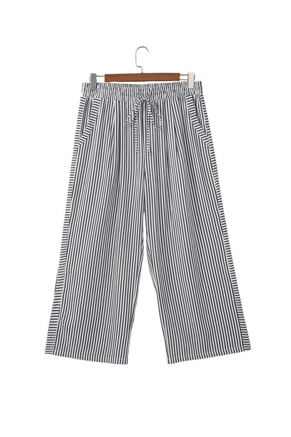 Black Stripe Plus Size Tie Waist Loose Pants