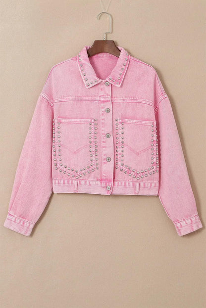 Outerwear/Denim jackets Pink Rivet Studded Pocketed Denim Jacket