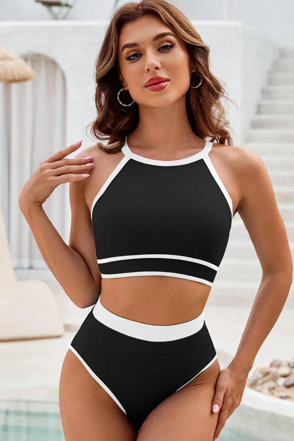 Black Contrast Trim Crisscross Back High Waisted Bikini - Chic Meadow Boutique 