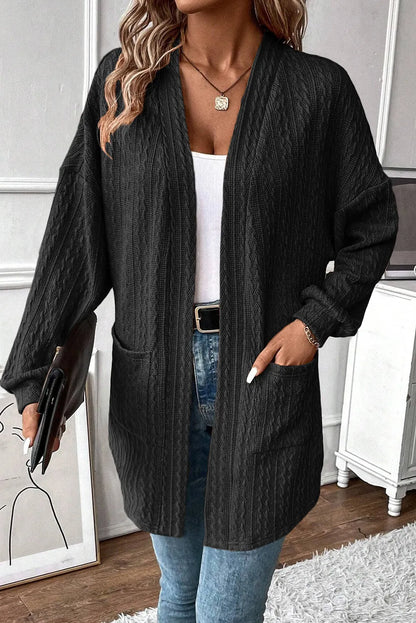 Black Textured Knit Side Pockets Open Front Cardigan - Chic Meadow Boutique 