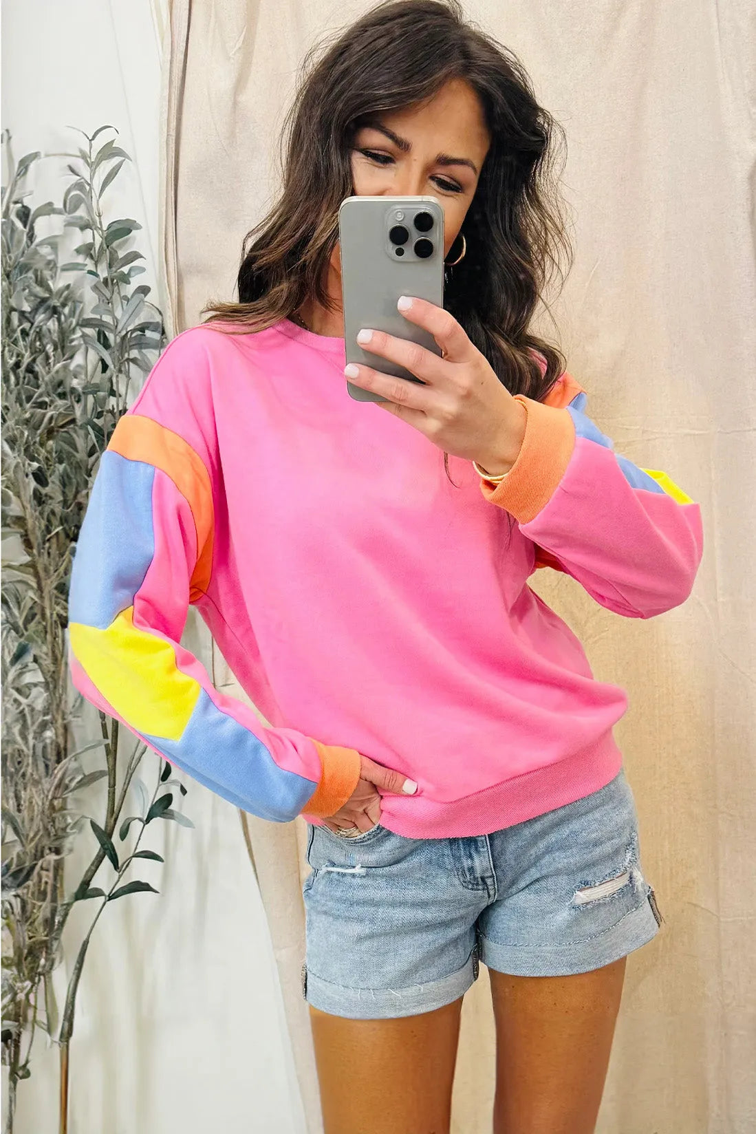 Pink Candy Colorblock French Terry Top - Chic Meadow Boutique 