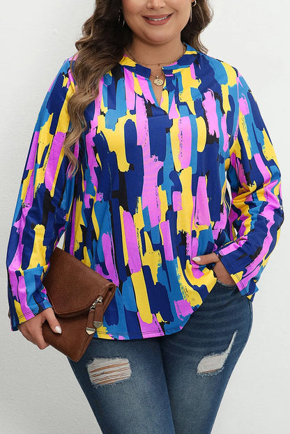 Blue Plus Size Brushstroke Print 3/4 Sleeve Blouse - Chic Meadow Boutique 