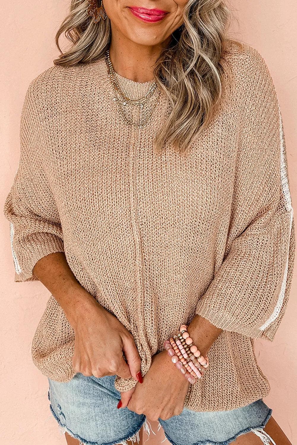 Sweaters & Cardigans/Sweaters Light French Beige / S / 100%Acrylic Light French Beige Contrast Striped 3/4 Sleeve Crew Neck Sweater