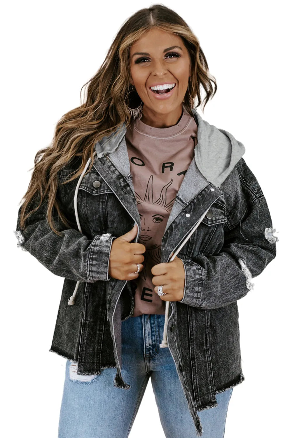 Black Drawstring Hooded Frayed Denim Jacket - Chic Meadow Boutique 