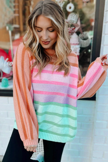 Multicolour Gradient Striped Ribbed Edge Loose Sweater - Chic Meadow Boutique 