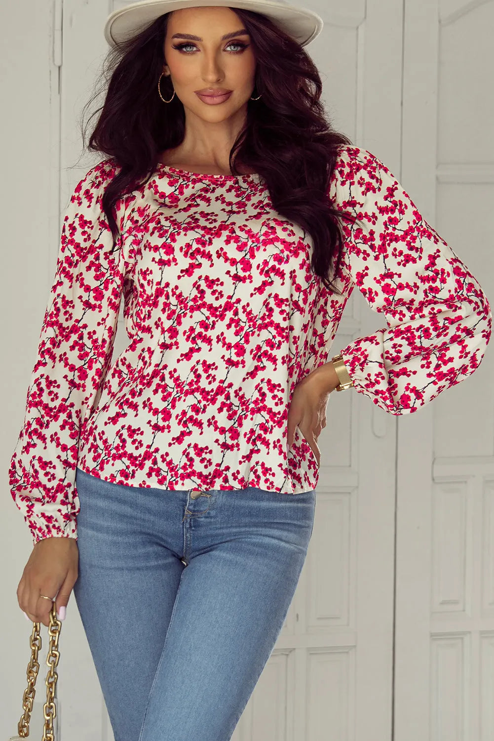 Red Floral Print Long Sleeve Open Back Blouse - Chic Meadow Boutique 