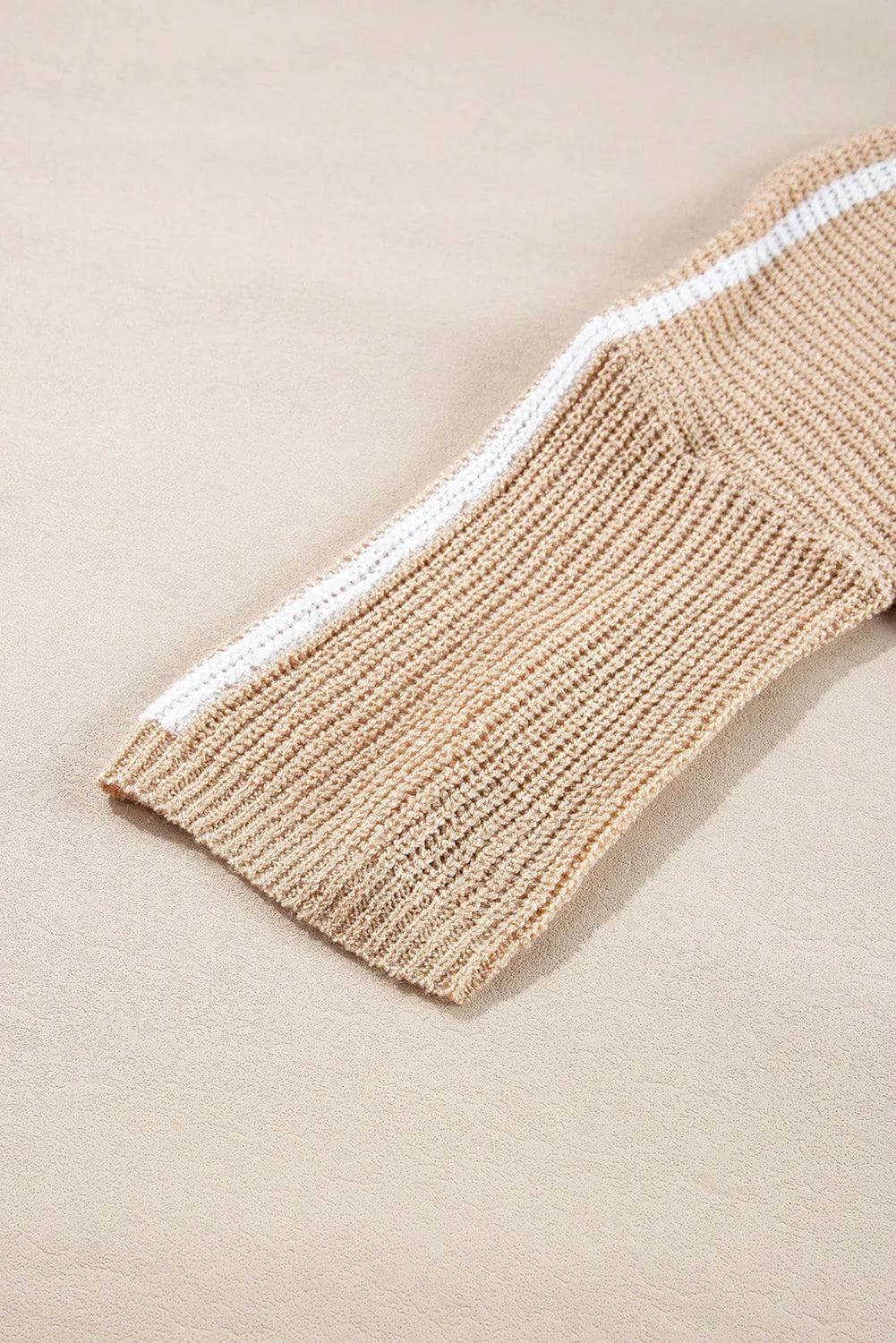 Sweaters & Cardigans/Sweaters Light French Beige Contrast Striped 3/4 Sleeve Crew Neck Sweater