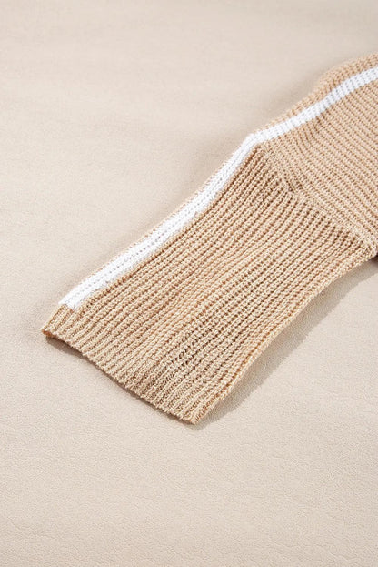 Sweaters & Cardigans/Sweaters Light French Beige Contrast Striped 3/4 Sleeve Crew Neck Sweater