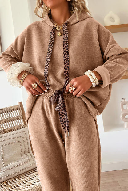 Dark Khaki Leopard Drawstring Pullover Hoodie and High Waist Pants Corduroy Suit
