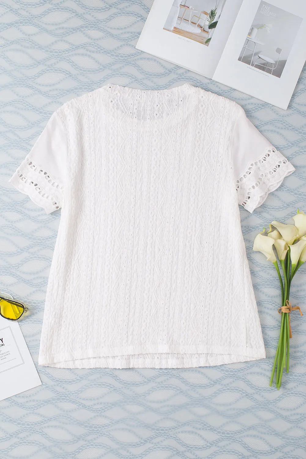 White Eyelet Embroidery Scalloped Short Sleeve Top - Chic Meadow Boutique 