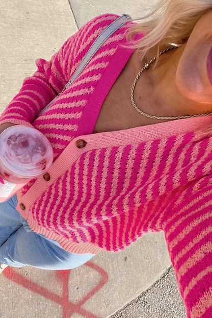 Sweaters & Cardigans/Cardigans Pink Striped Buttoned V Neck Drop Shoulder Cardigan