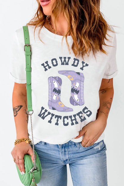 White HOWDY WITCHES Halloween Boots Crewneck T Shirt - Chic Meadow Boutique 