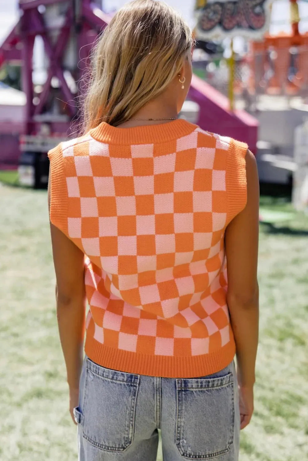 Russet Orange Checkered V Neck Knitted Sweater Vest - Chic Meadow Boutique 