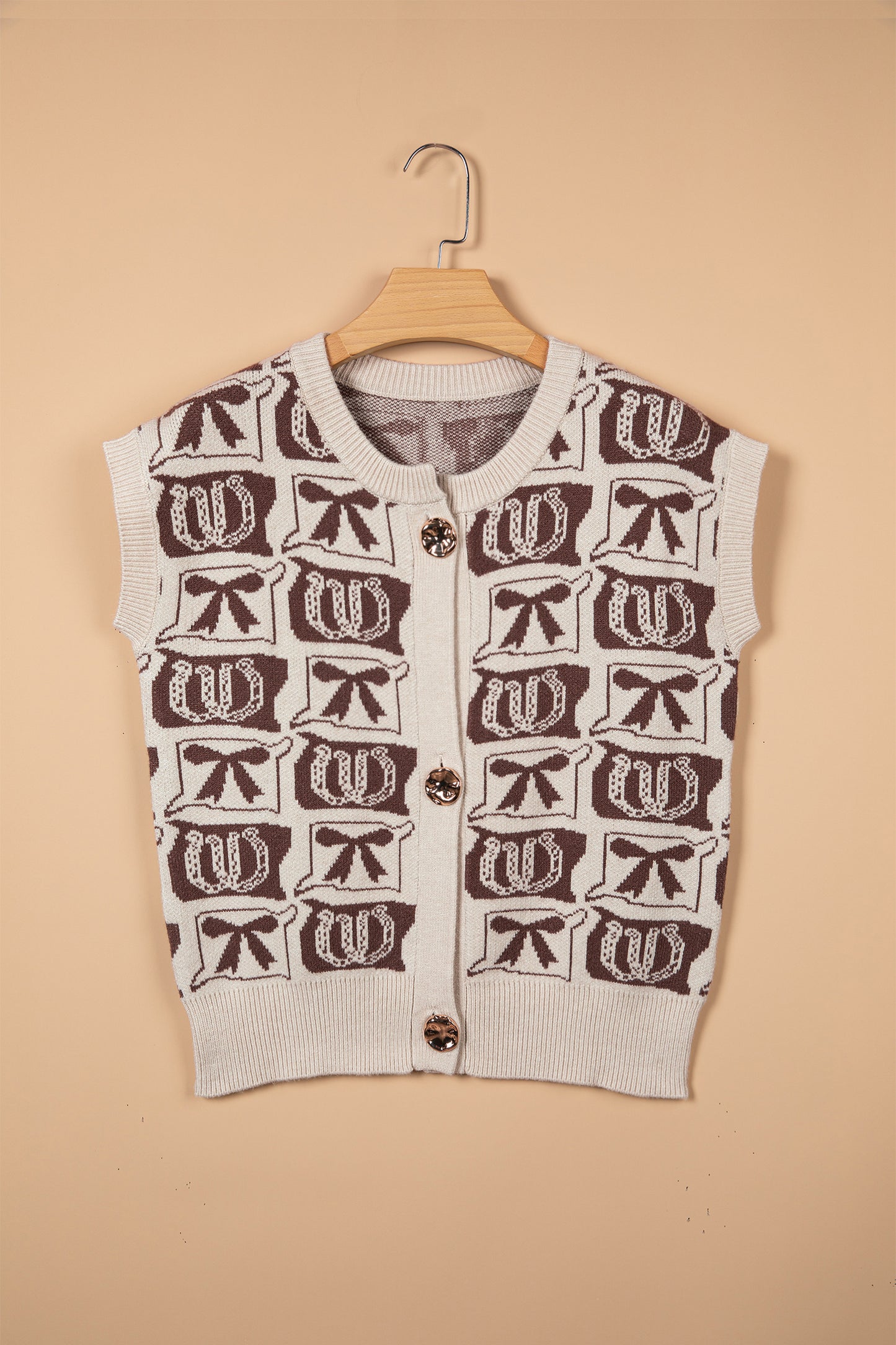 Brown Western Horseshoe Bow Pattern Button Front Sleeveless Knit Sweater