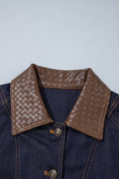 Navy Blue Contrast Collar Stitched Detail Button Denim Jacket