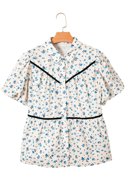 White Contrast Trim Floral Puff Short Sleeve Shirt