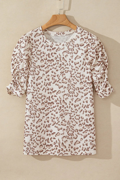 Multicolour Textured Leopard Print Ruched Sleeve T Shirt - Chic Meadow Boutique 