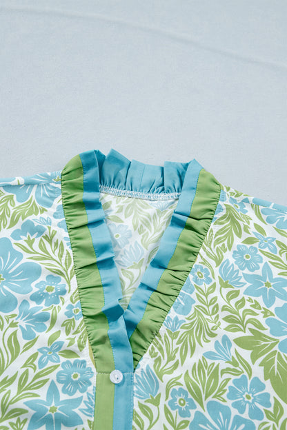 Sky Blue Botanical Floral Print Frilled Trim V Neck Button Front Loose Dress