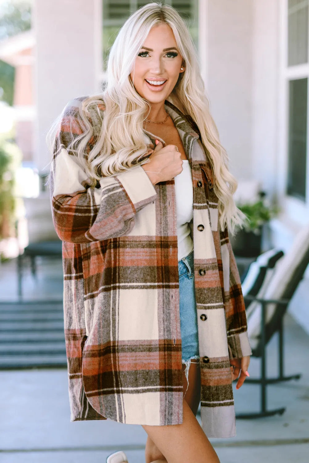 Outerwear/Plaid Shackets Brown / S / 53.1%Polyester+26.6%Cotton+14.9%Viscose+5.4%Polyamide Brown Plaid Print Flap Pockets Long Shacket