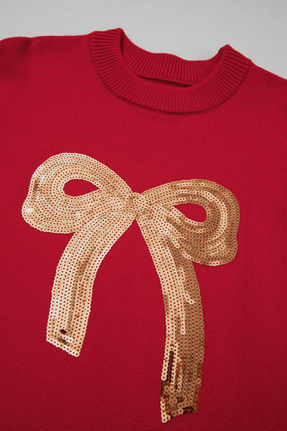 Fiery Red Sequined Bow Graphic Christmas Holiday Sweater