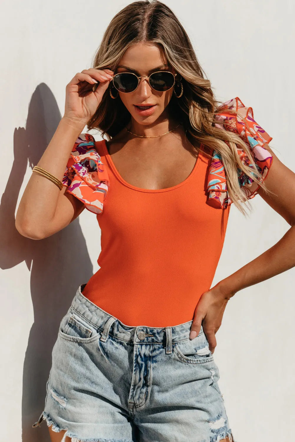 Orange Ribbed Knit Tiered Ruffled Sleeve Bodysuit - Chic Meadow Boutique 