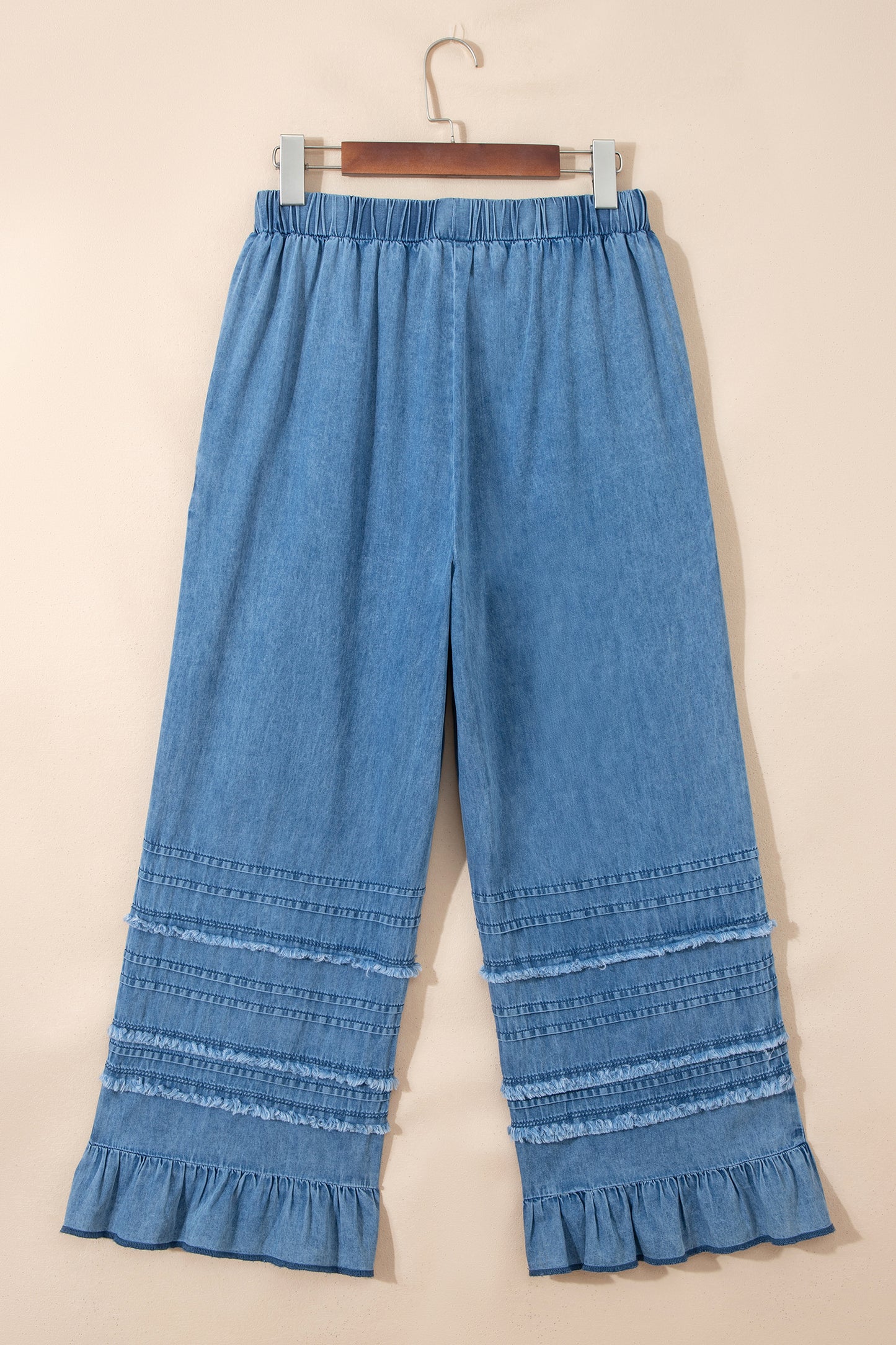 Dusk Blue Ruffled Hem Wide Leg Chambray Pants