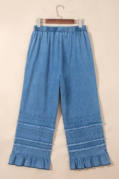 Dusk Blue Ruffled Hem Wide Leg Chambray Pants