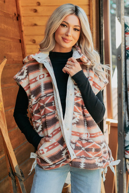 Multicolour Geometric Print Fleece Metal Button Placket Shift Silhouette Vest