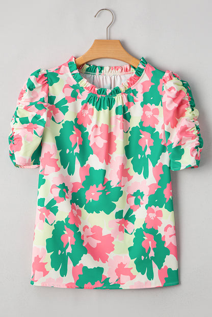 Green Abstract Print Frilly Neck Ruched Short Sleeve Blouse