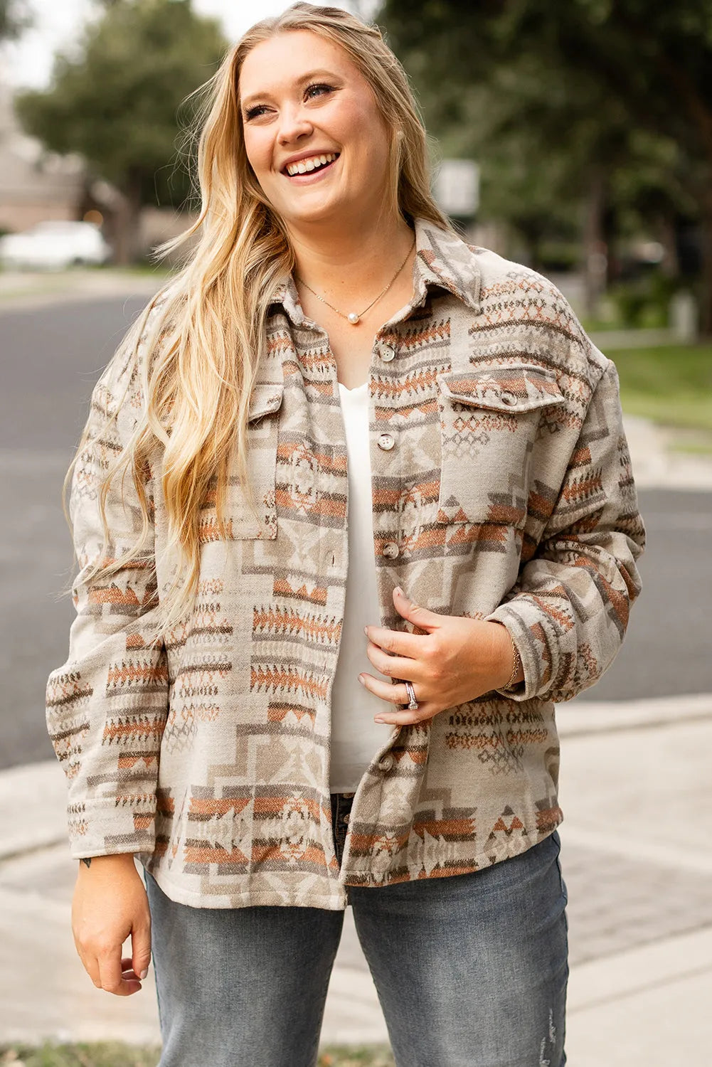 White Aztec Geometric Print Pockets Plus Size Jacket - Chic Meadow Boutique 