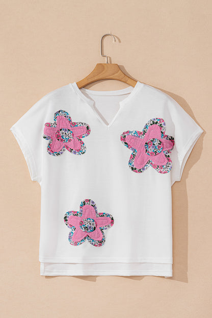 White Floral Applique Notched V Neck Dolman Sleeve Top