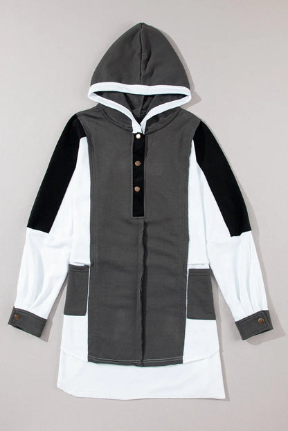 Black Color Block Exposed Seam Buttoned Neckline Hoodie - Chic Meadow Boutique 