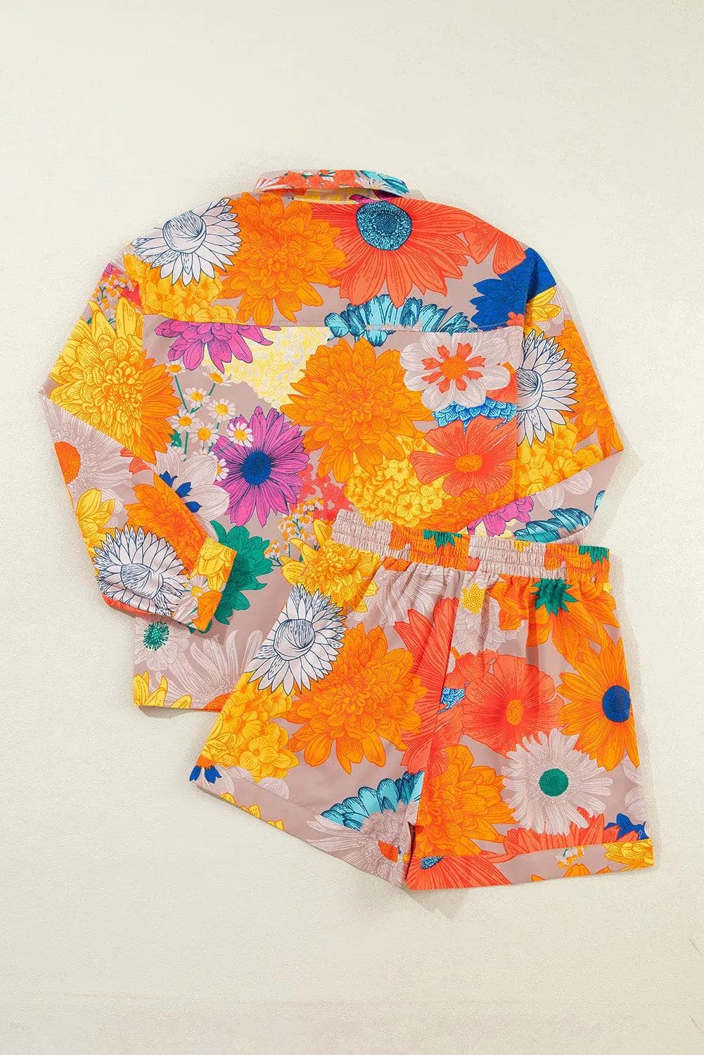 Two Piece Sets/Short Sets Orange Floral Printed Shirt Two Piece Drawstring Shorts Set