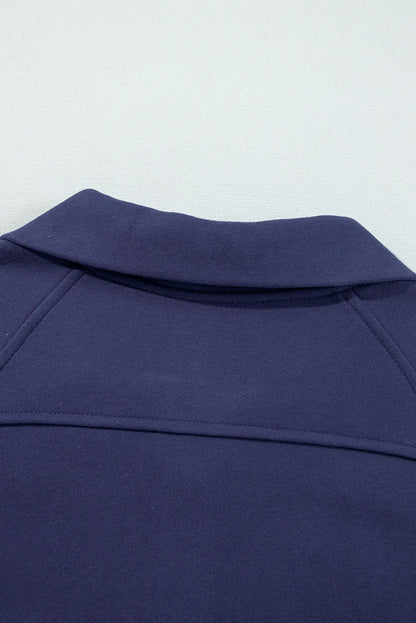 Navy Blue Fleece Lined Zip Up Stand Collar Thumbhole Sleeve Sweatshirt - Chic Meadow Boutique 