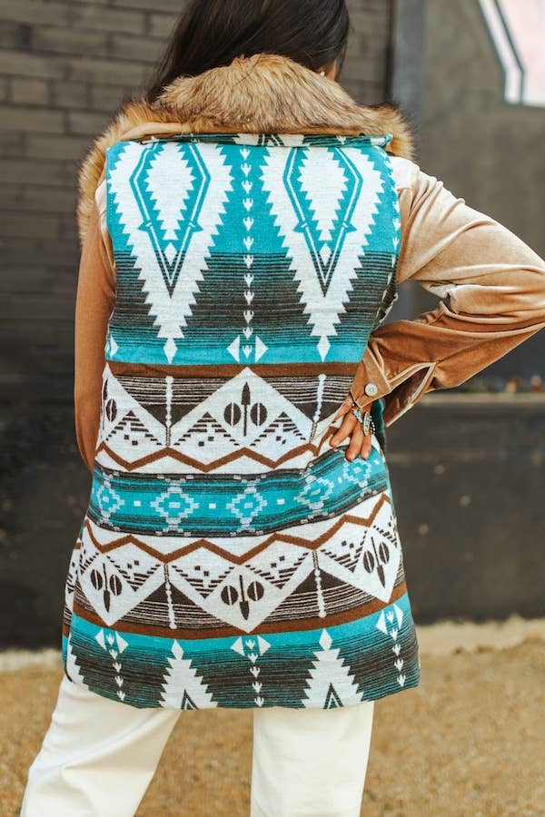 Blue Aztec W Fur Collar Vest