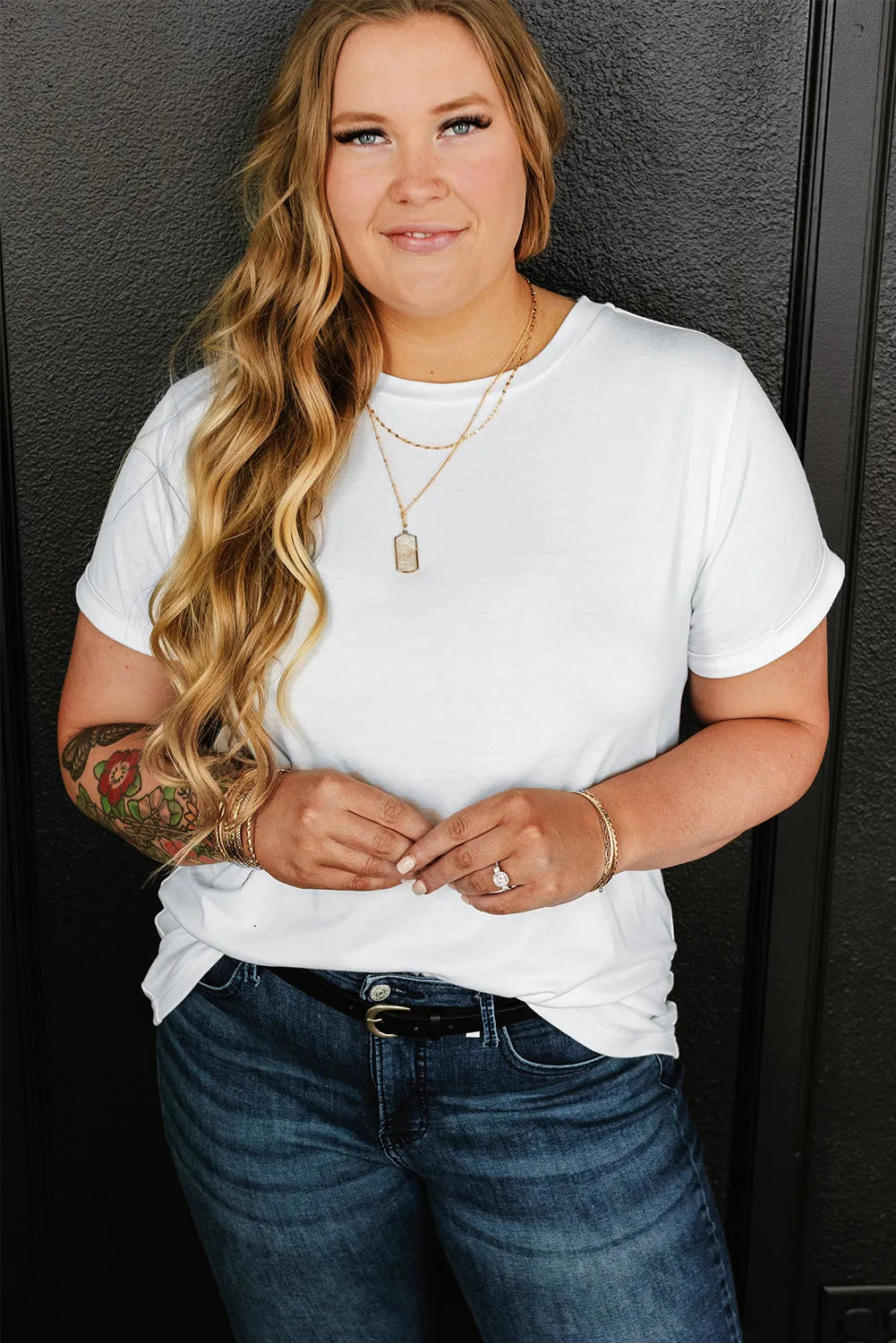 White Round Neck Rolled Sleeve Plus Size T-shirt - Chic Meadow Boutique 