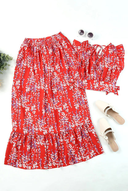 Fiery Red Multicolor Floral Ruffled Crop Top and Maxi Skirt Set - Chic Meadow Boutique 