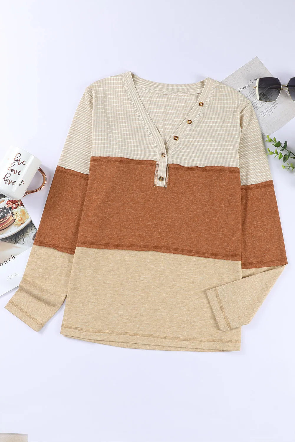 Tops/Long Sleeve Tops Orange Striped Color Block Henley Top