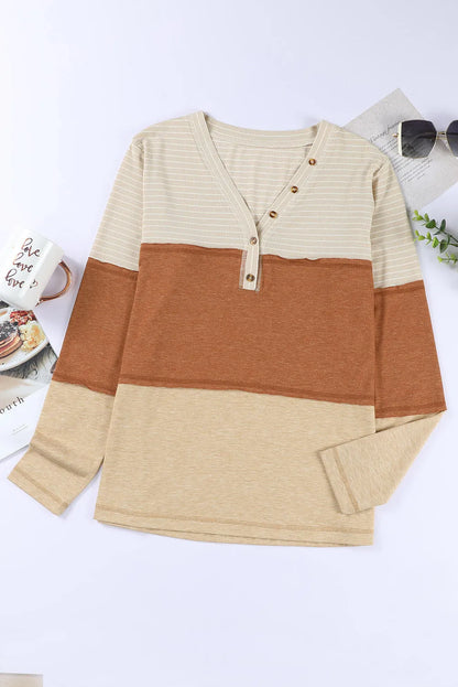 Orange Striped Color Block Henley Top - Chic Meadow Boutique 