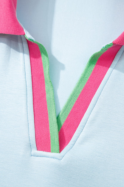 Beau Blue Color Contrast Ruffled Sleeve Collared V Neck Blouse