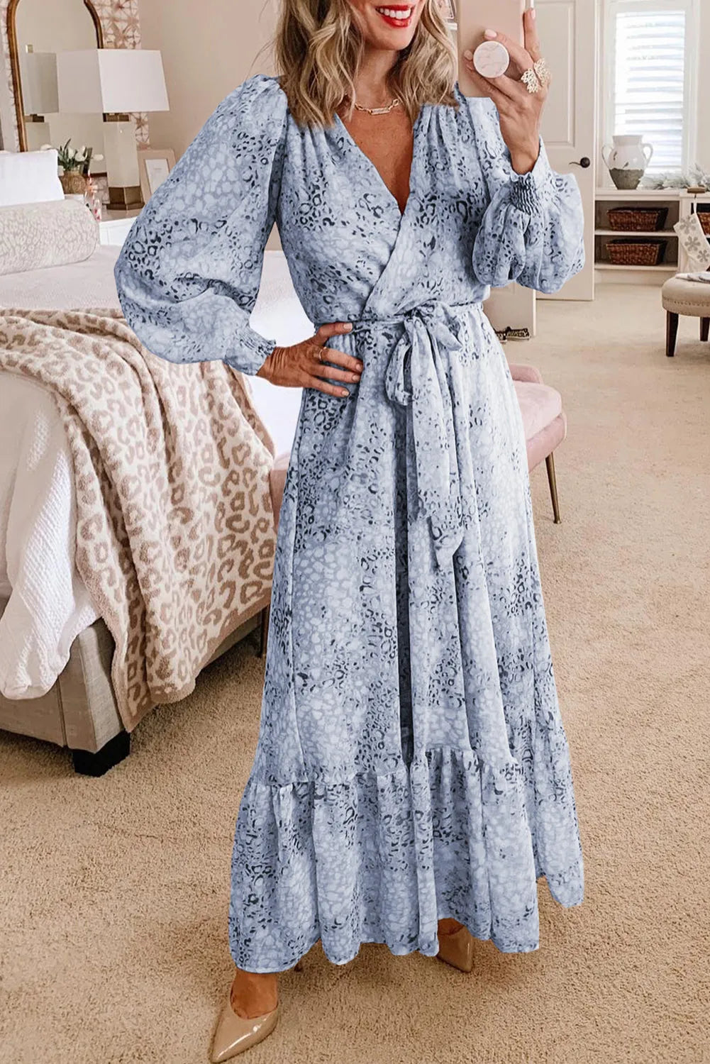 Sky Blue Printed Surplice Neck Bubble Sleeve Maxi Dress with Sash - Chic Meadow Boutique 