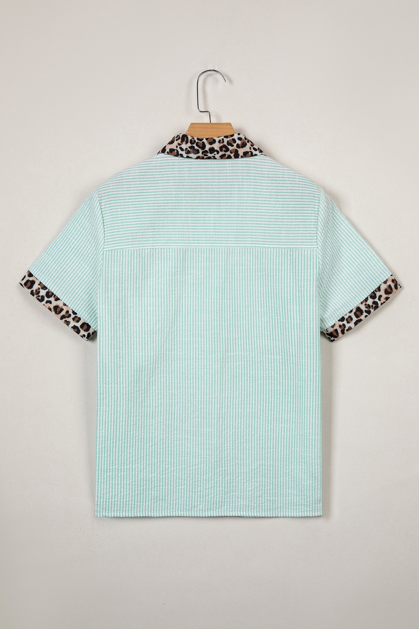 Green Stripe Leopard Contrast Collar Short Sleeve Shirt