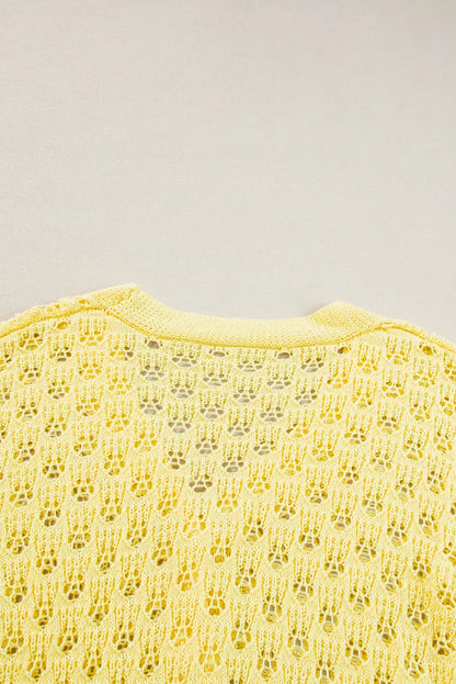 Yellow Pointelle Knit V Neck Sweater Cardigan - Chic Meadow Boutique 