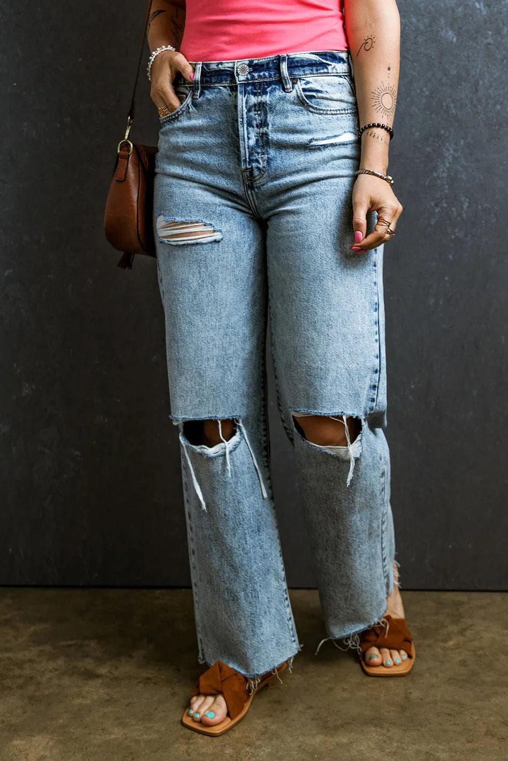 Bottoms/Jeans Light Blue Distressed Ripped Raw Hem Straight Jeans